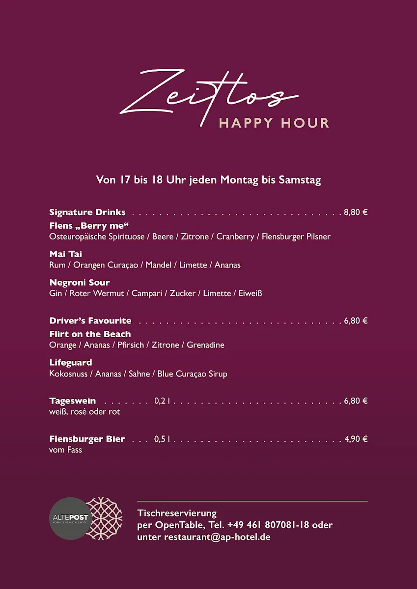 Speisekarte, Zeitlos Restaurant & Bar | Alte Post Flensburg