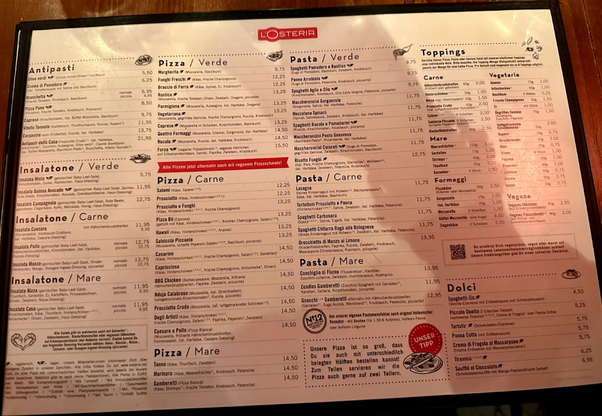 Speisekarte, L'Osteria Hamburg-Winterhude