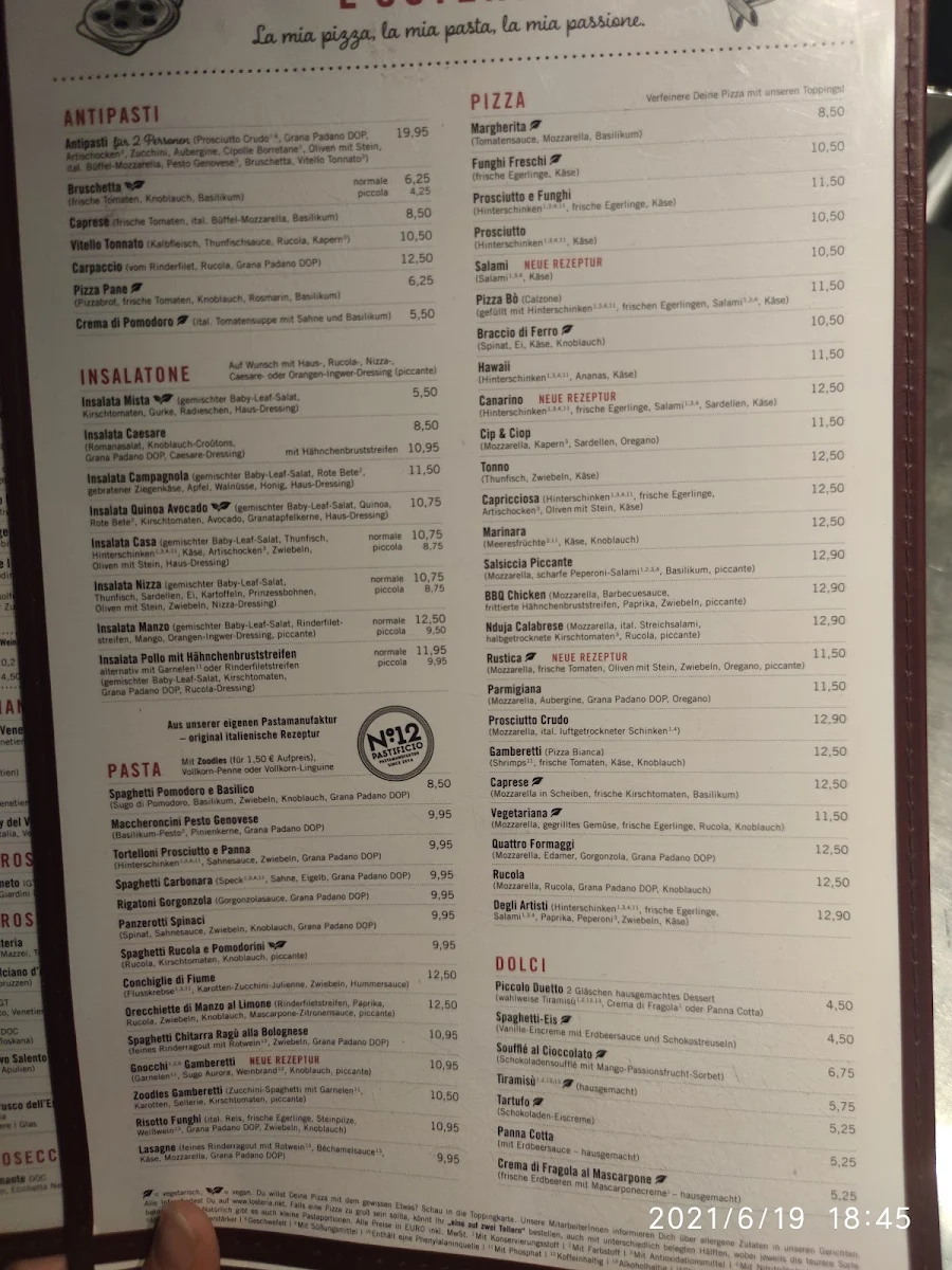 Speisekarte, L'Osteria Hamburg-Winterhude