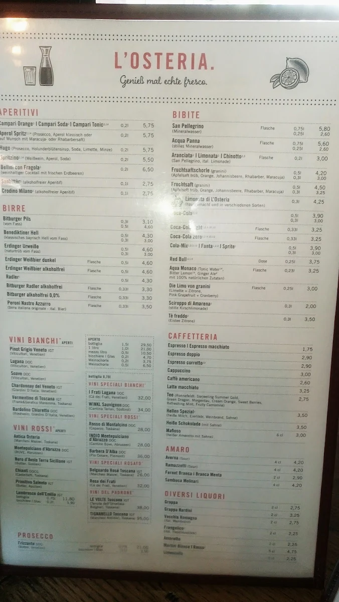 Speisekarte, L'Osteria Hamburg-Winterhude