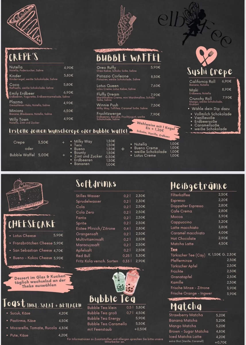 Speisekarte, Café Elbfee
