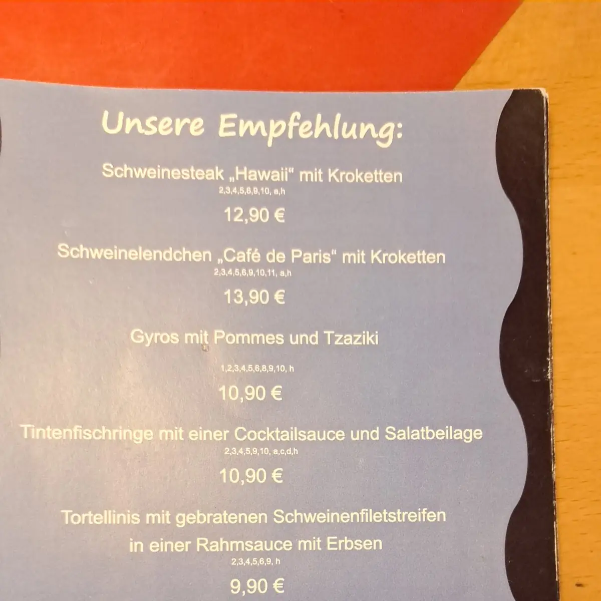 Speisekarte, Rasthaus Bad Hersfeld