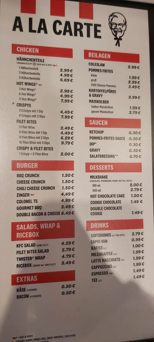 Speisekarte, Kentucky Fried Chicken