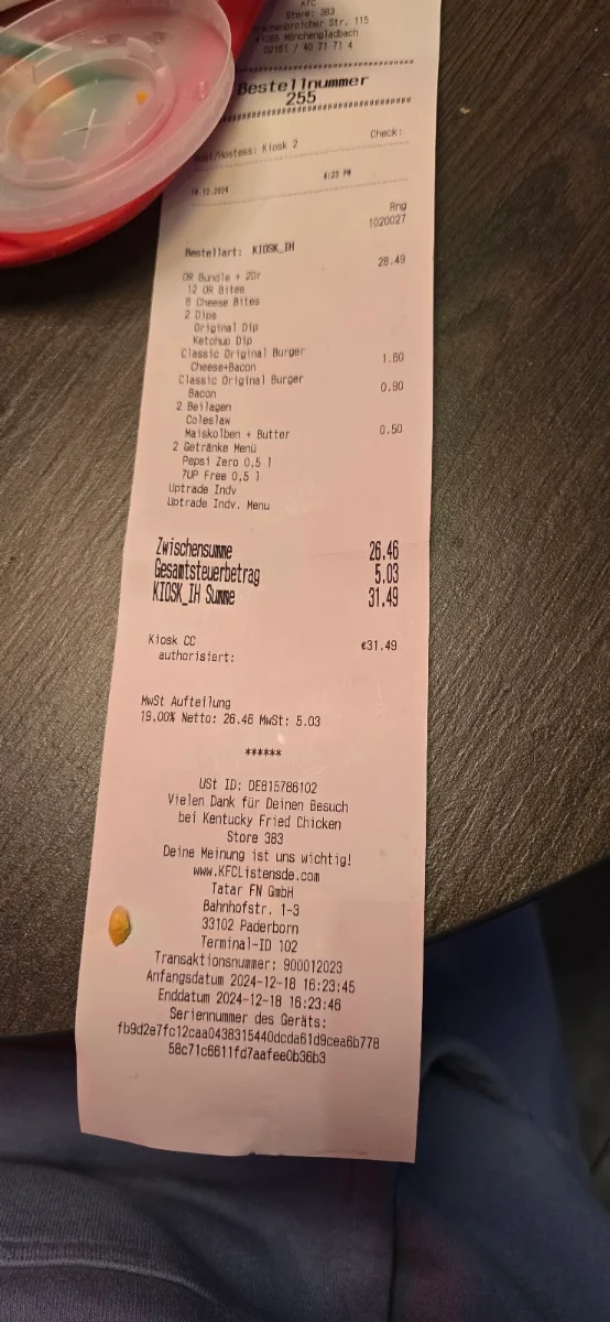 Speisekarte, Kentucky Fried Chicken