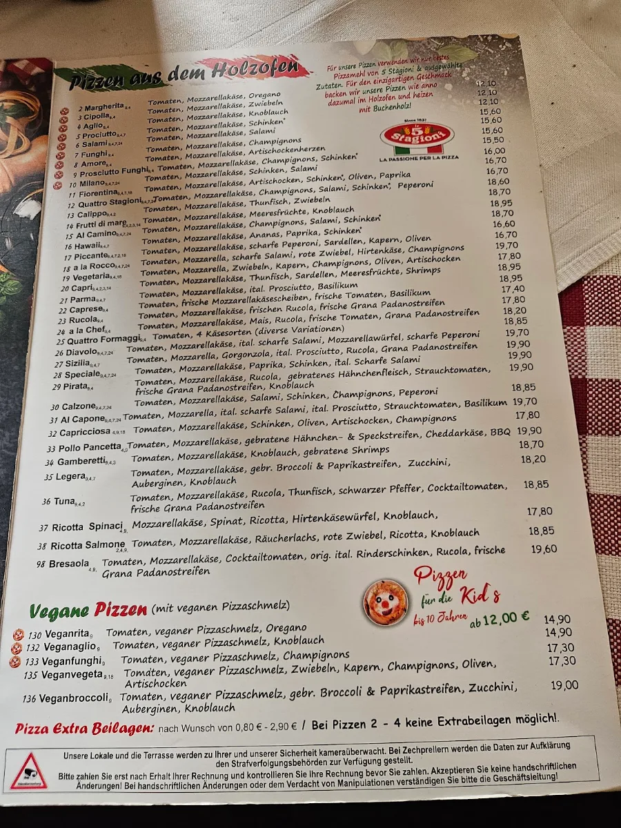 Speisekarte, Pizzeria Al Camino