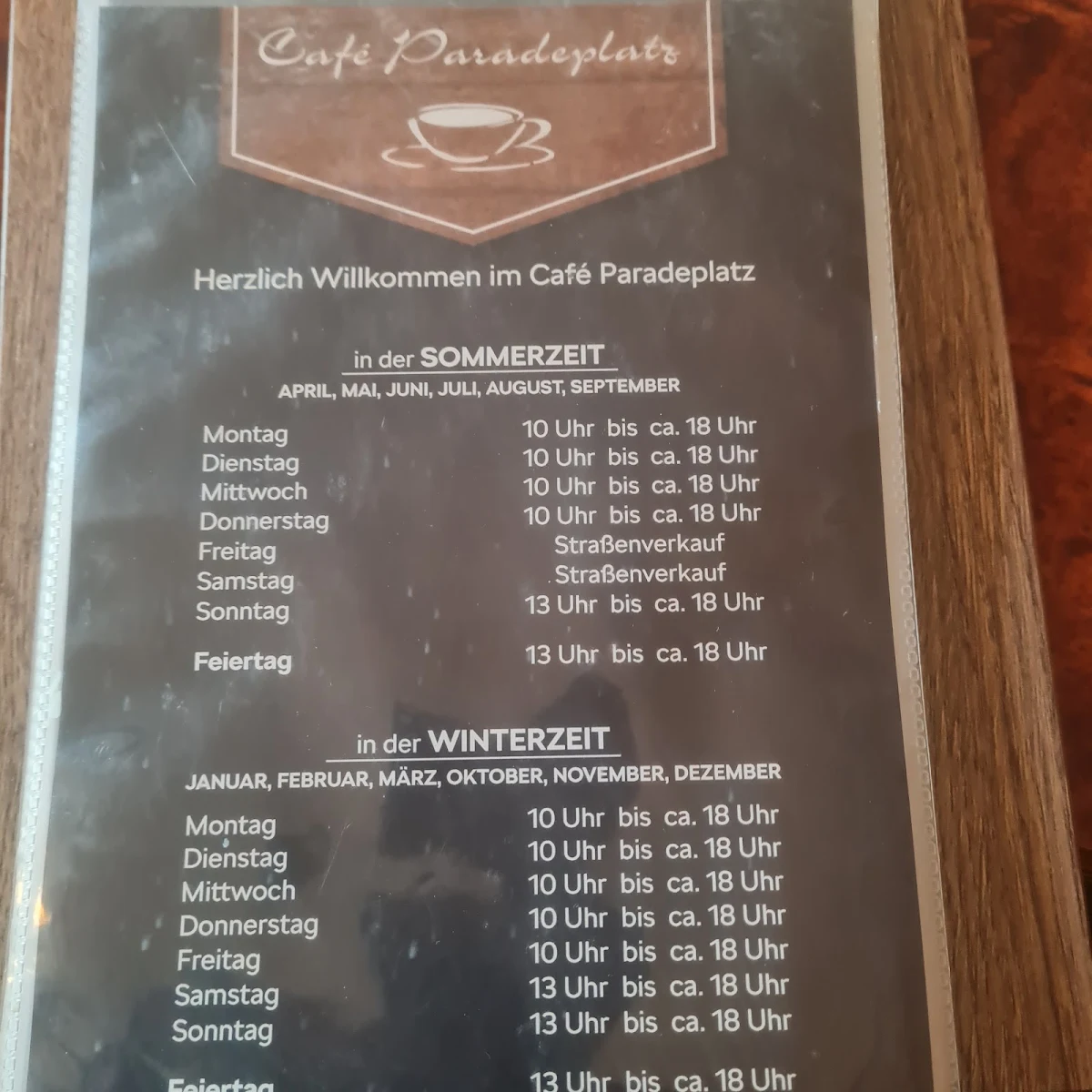 Speisekarte, Café Paradeplatz