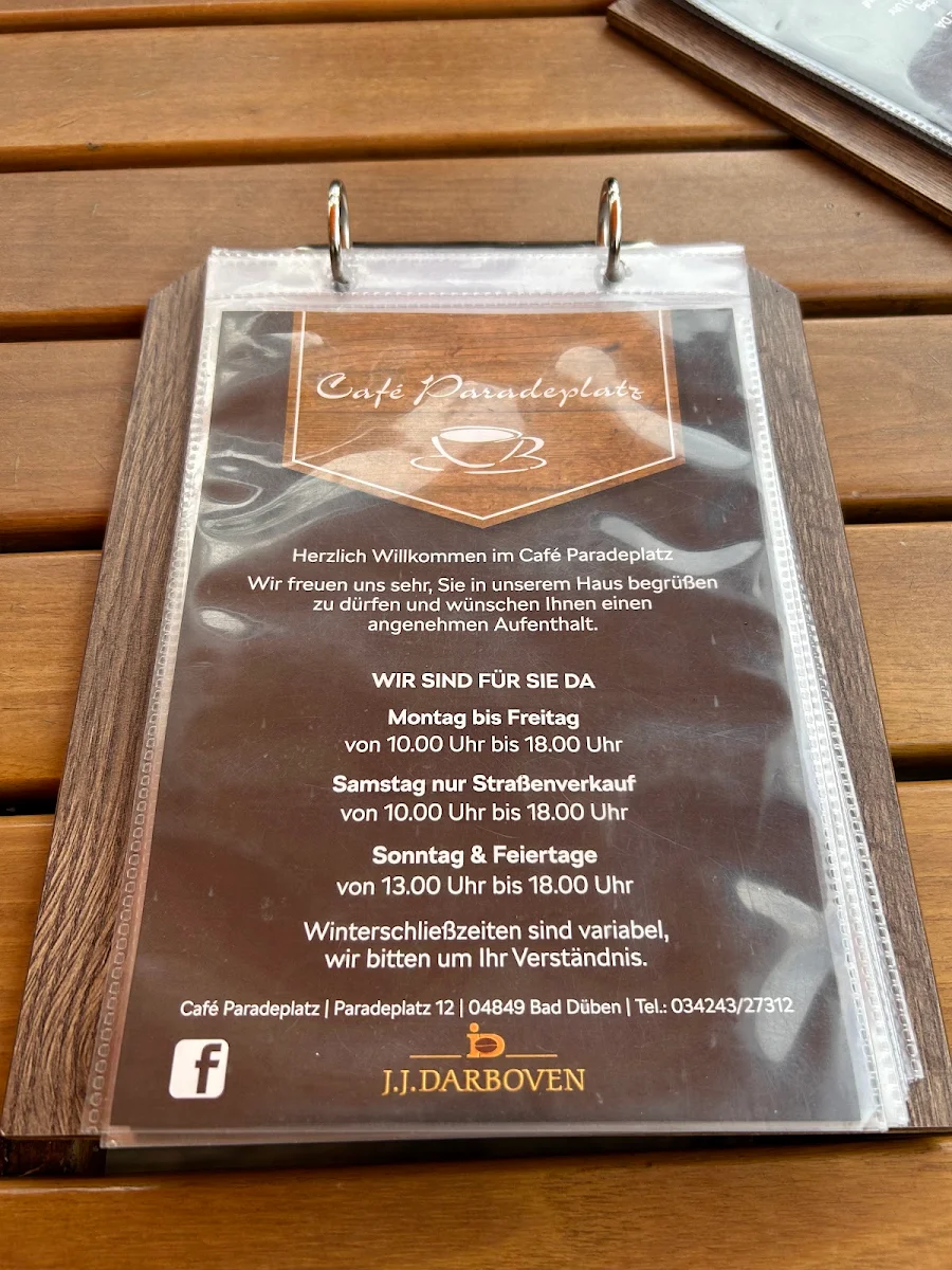 Speisekarte, Café Paradeplatz