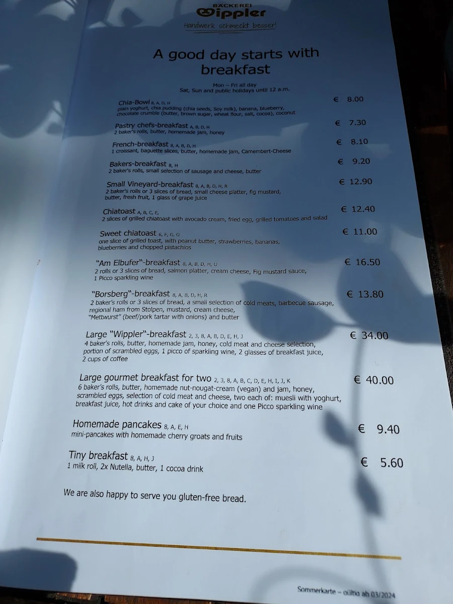 Speisekarte, Bäckerei Wippler GmbH
