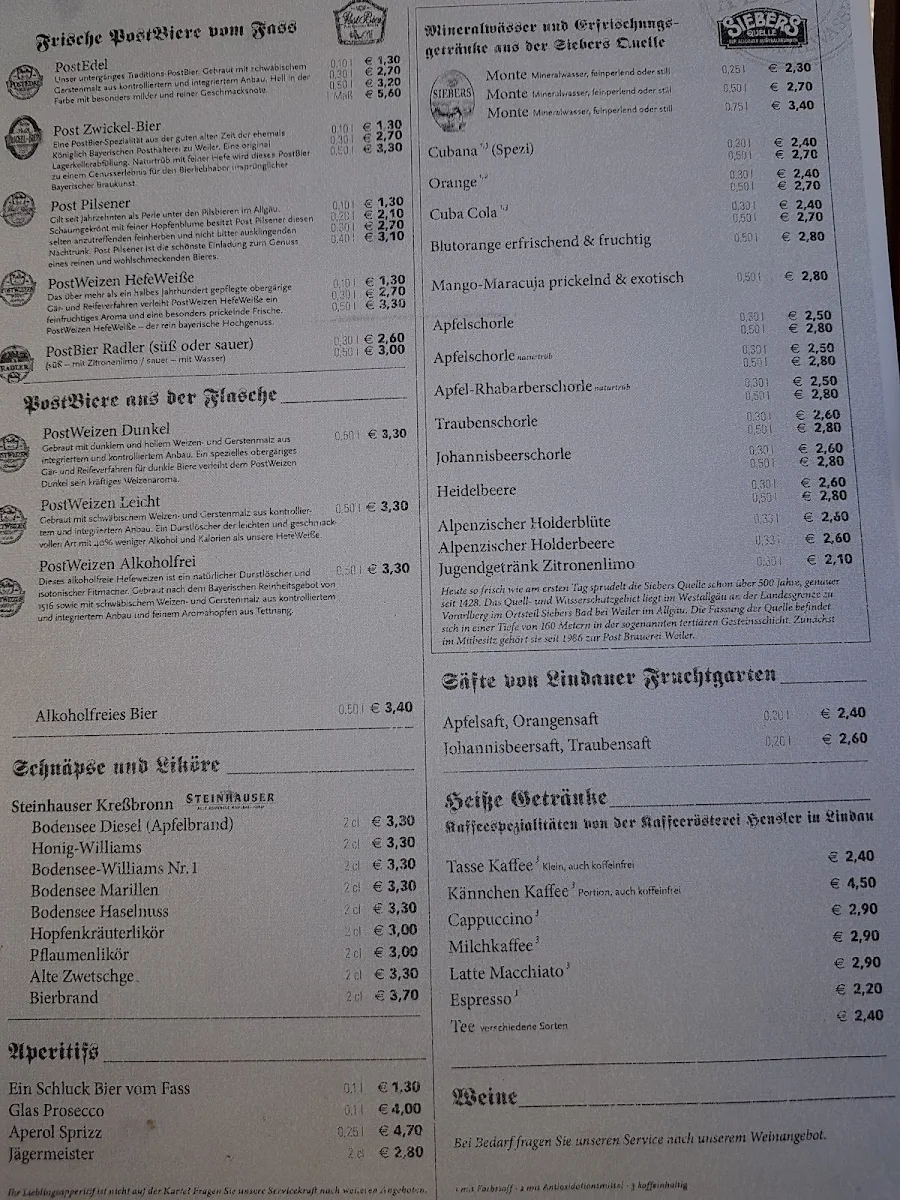 Speisekarte, Bräustüble und Hotel zur Post