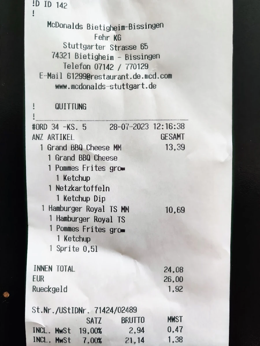 Speisekarte, McDonald's