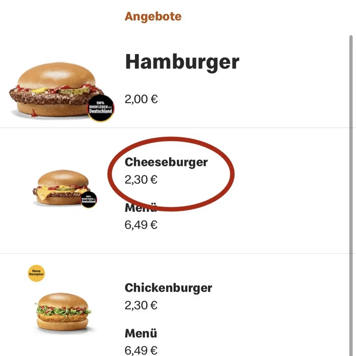 Speisekarte, McDonald's