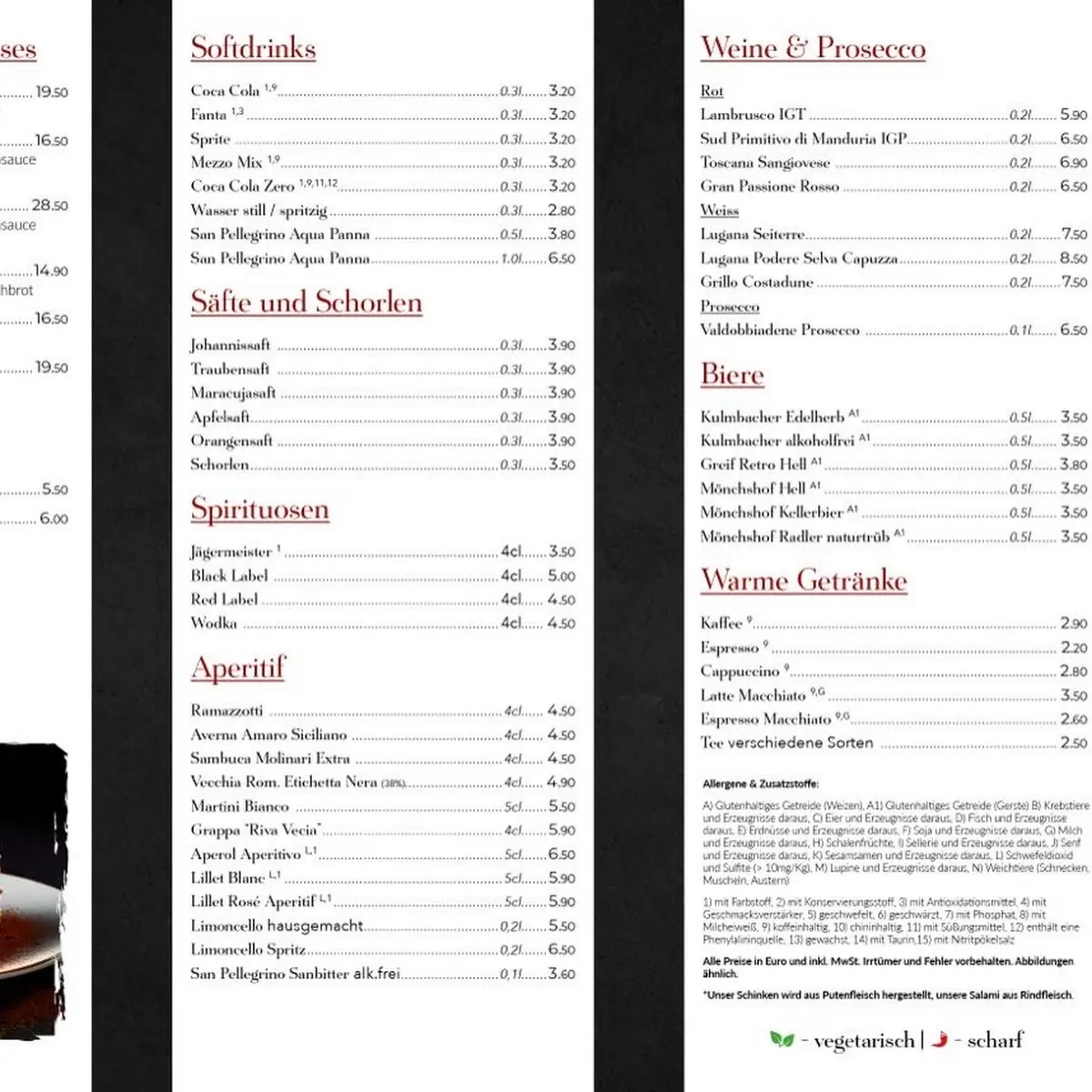 Speisekarte, Pizzeria Amoré
