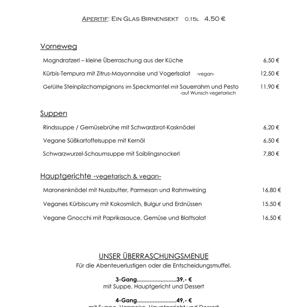 Speisekarte, Hafner Wirtshaus