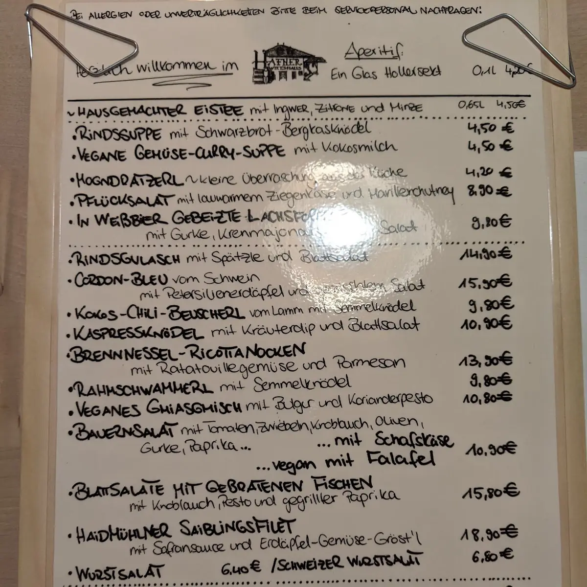 Speisekarte, Hafner Wirtshaus