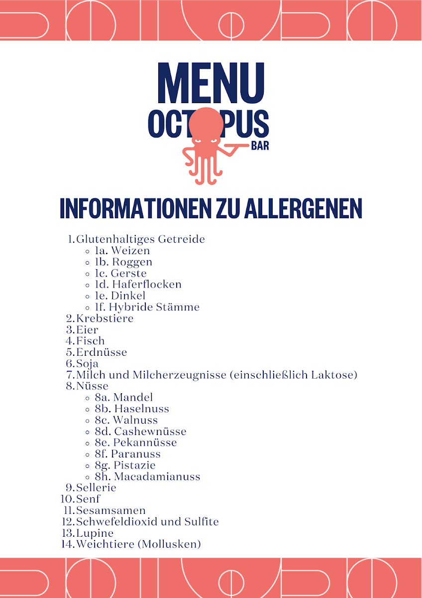 Speisekarte, Octopus Bar & Café