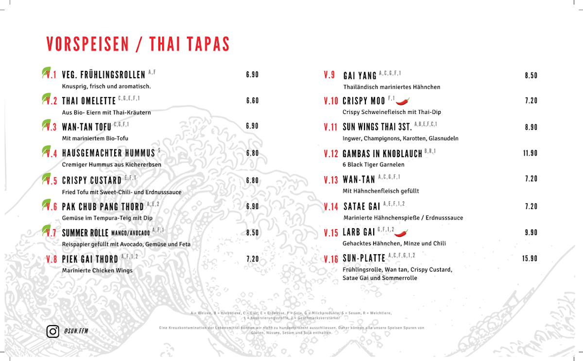 Speisekarte, Sun - Thai Restaurant