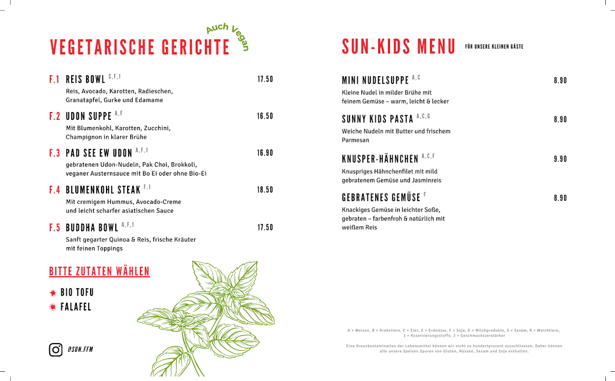 Speisekarte, Sun - Thai Restaurant