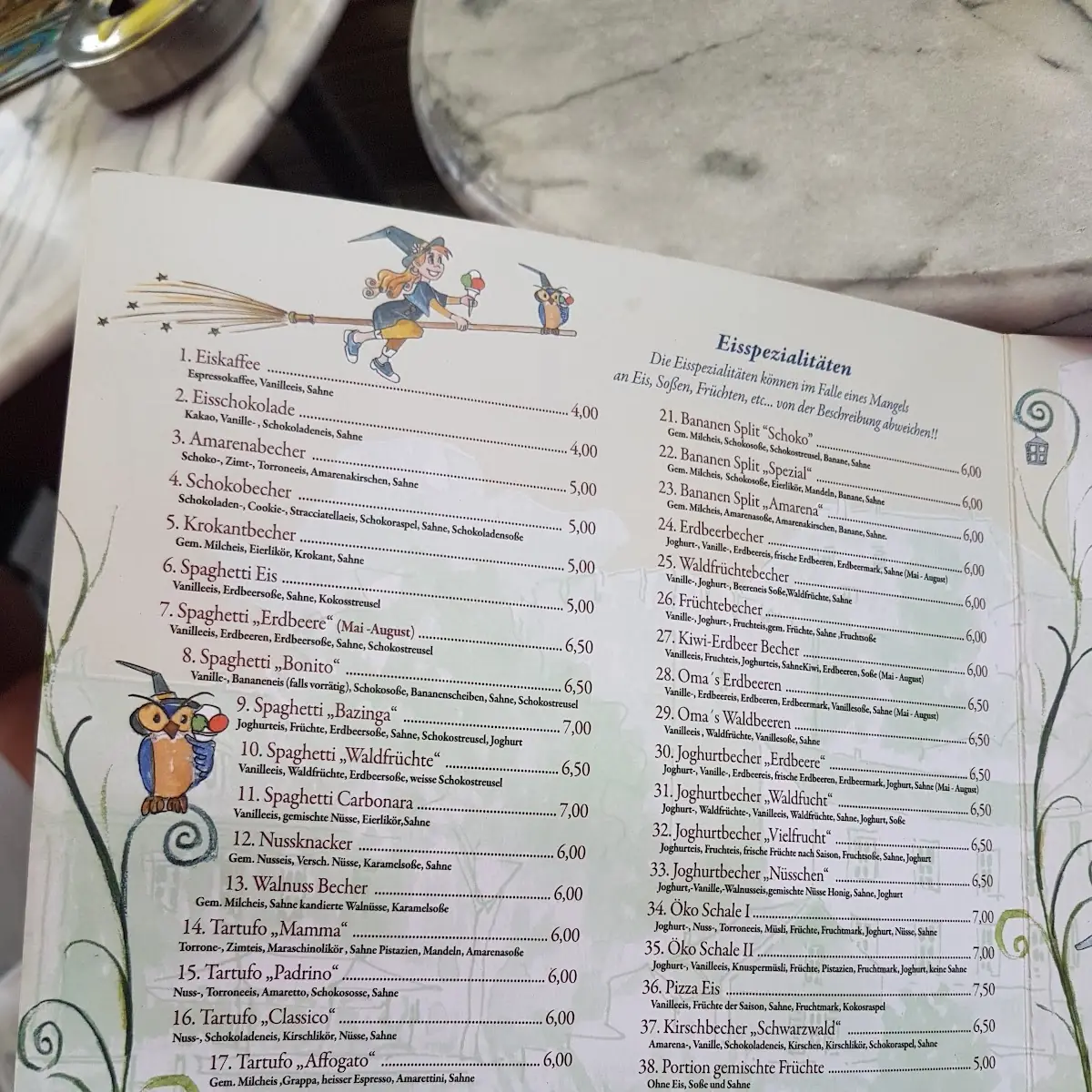 Speisekarte, Eiscafé Mancuso