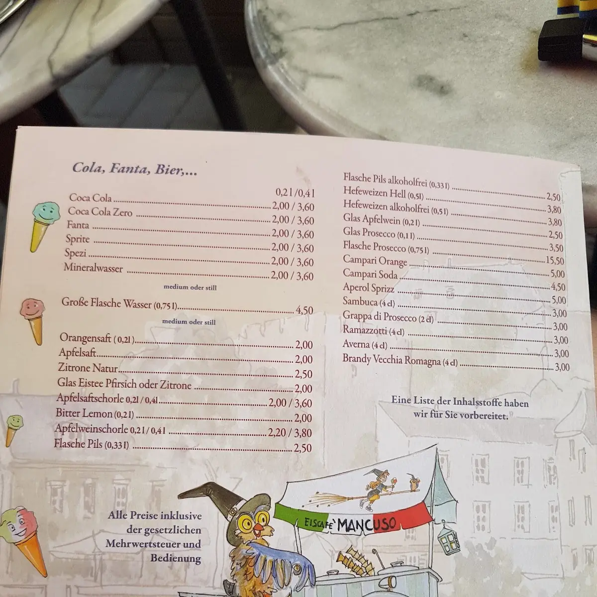 Speisekarte, Eiscafé Mancuso