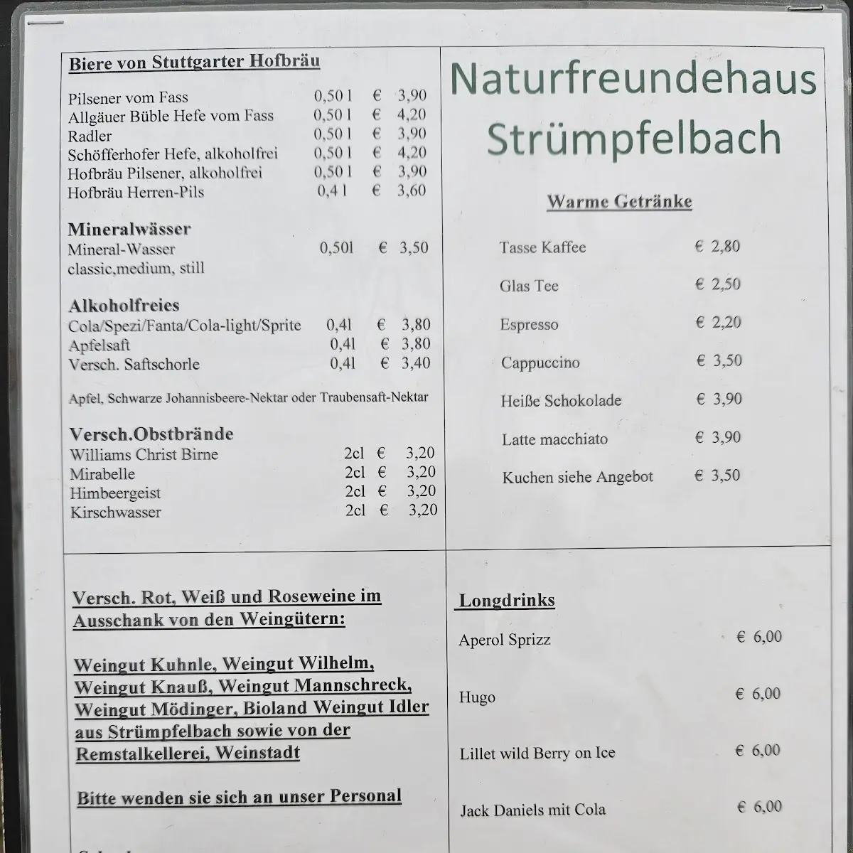 Speisekarte, Naturfreundehaus Strümpfelbach