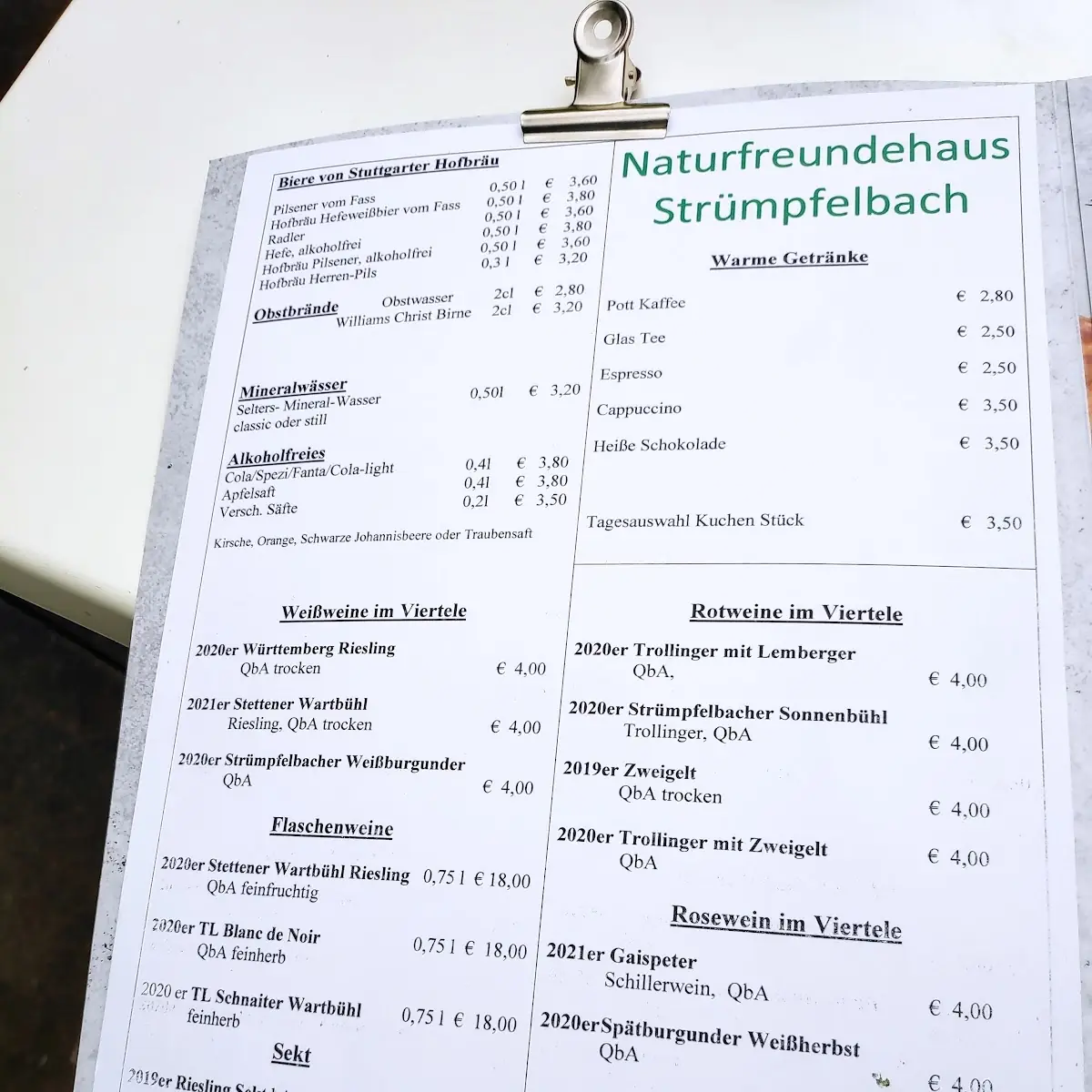 Speisekarte, Naturfreundehaus Strümpfelbach