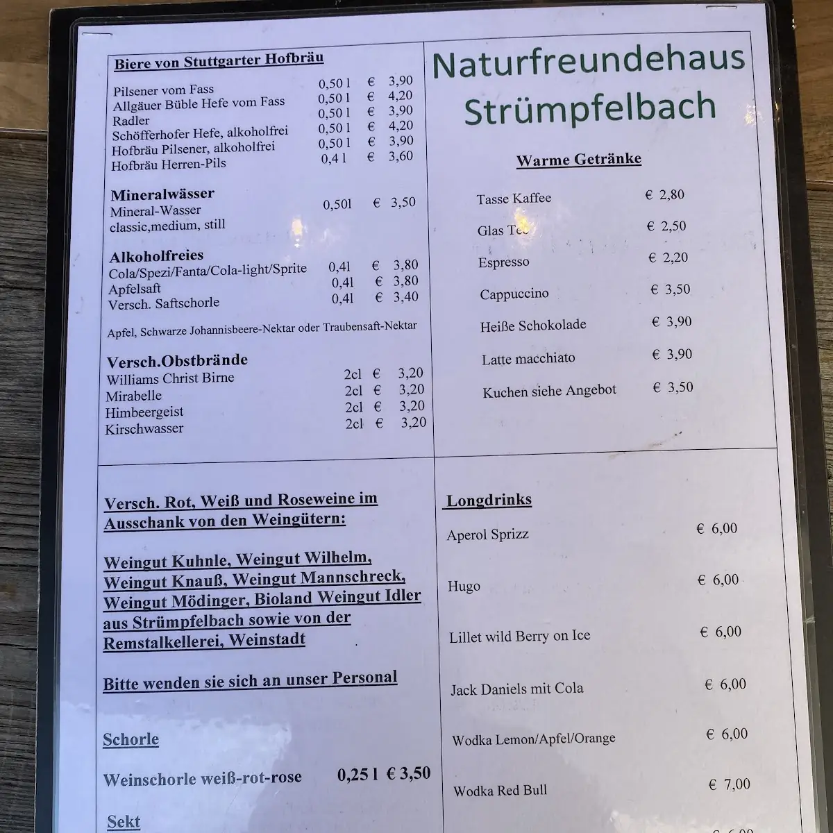 Speisekarte, Naturfreundehaus Strümpfelbach