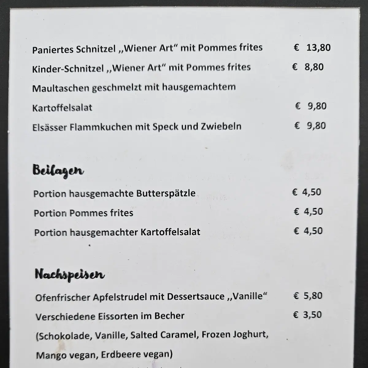 Speisekarte, Naturfreundehaus Strümpfelbach