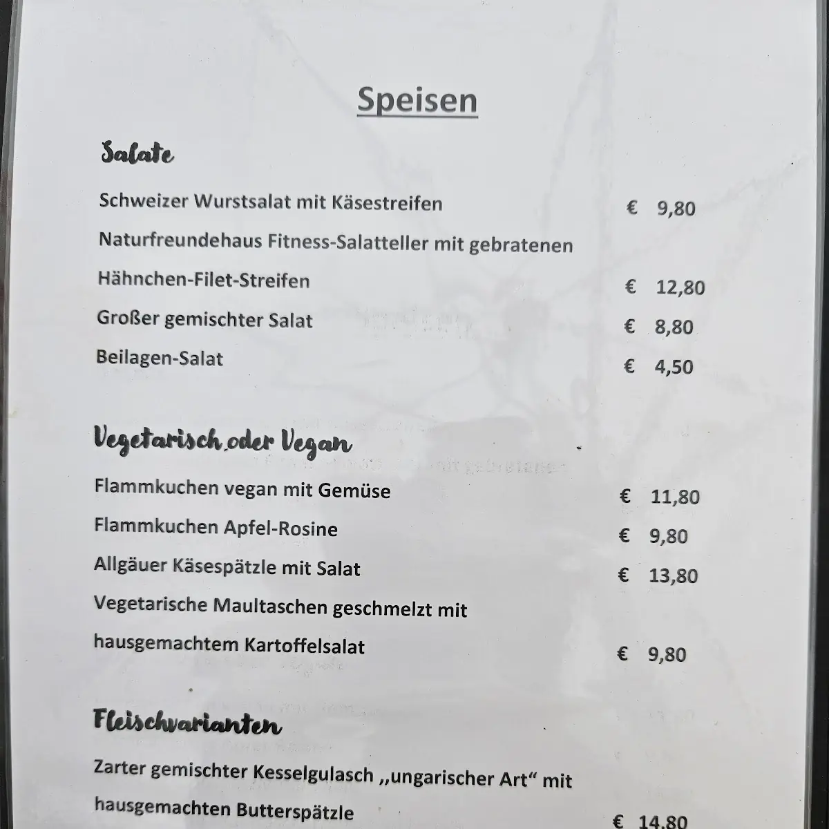 Speisekarte, Naturfreundehaus Strümpfelbach