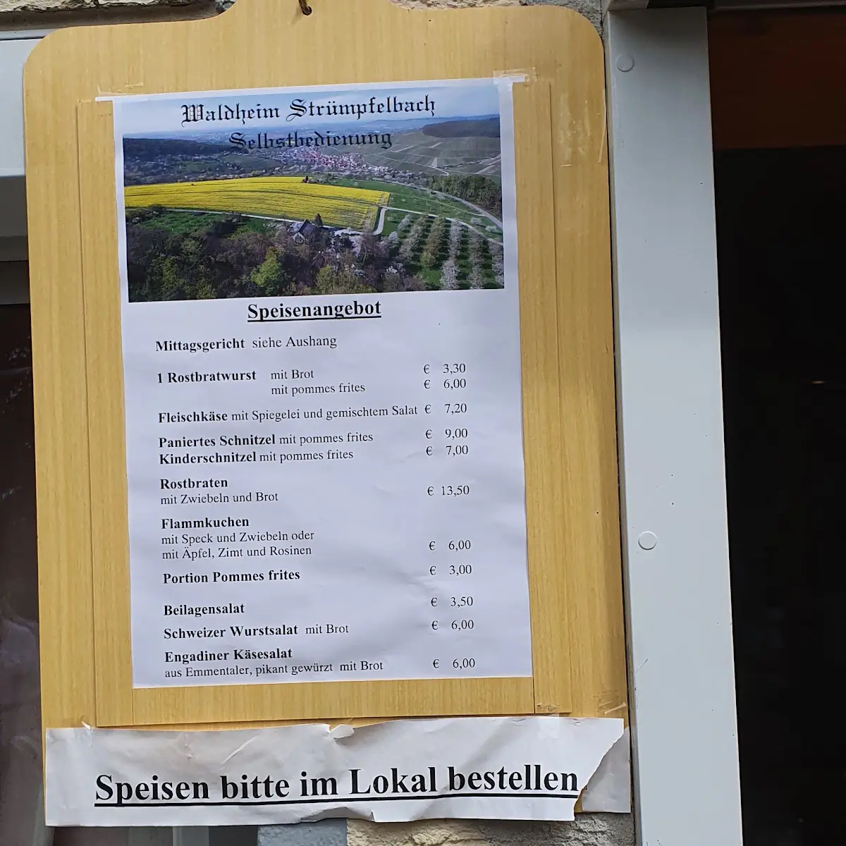 Speisekarte, Naturfreundehaus Strümpfelbach