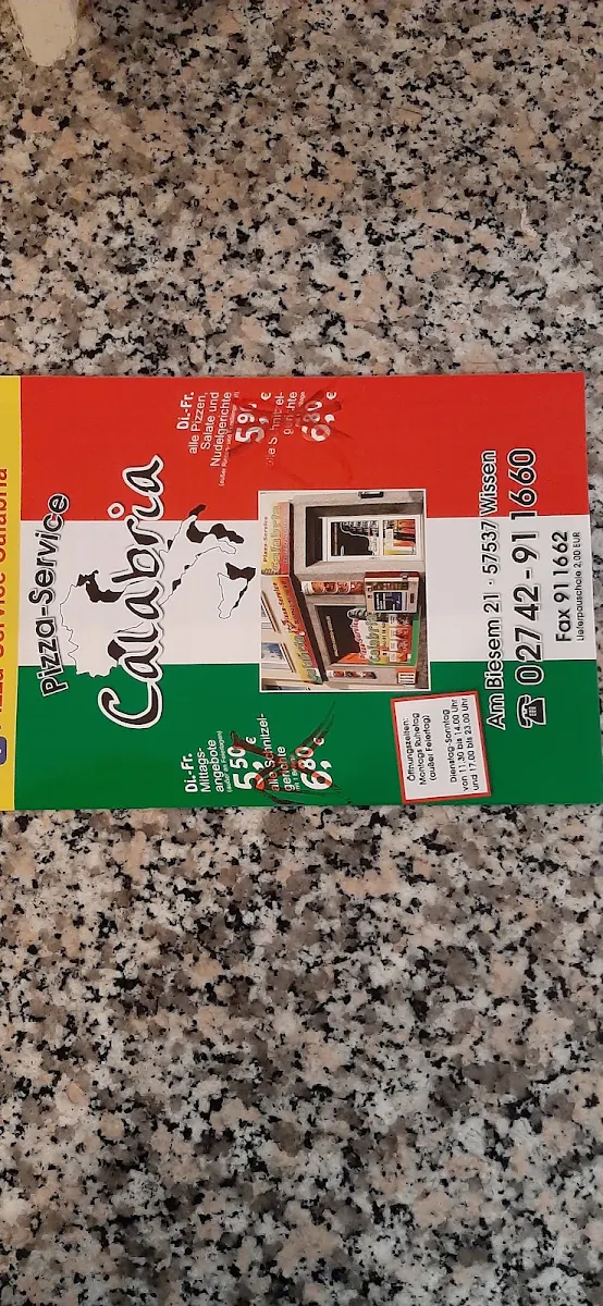 Speisekarte, Pizzeria Calabria