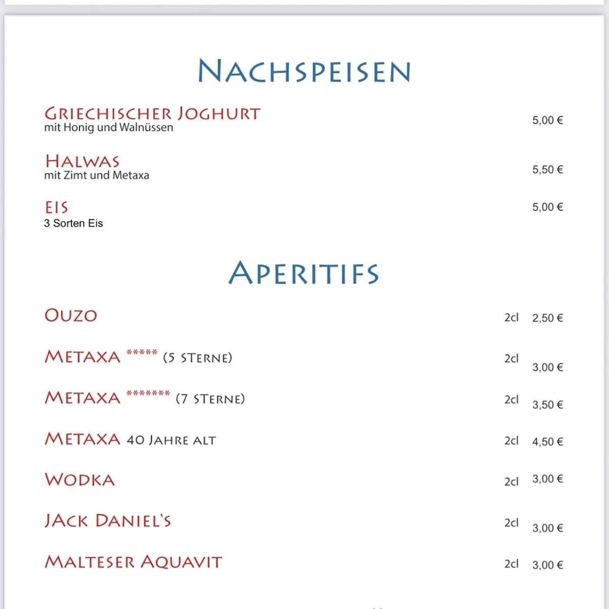 Speisekarte, Moustaki