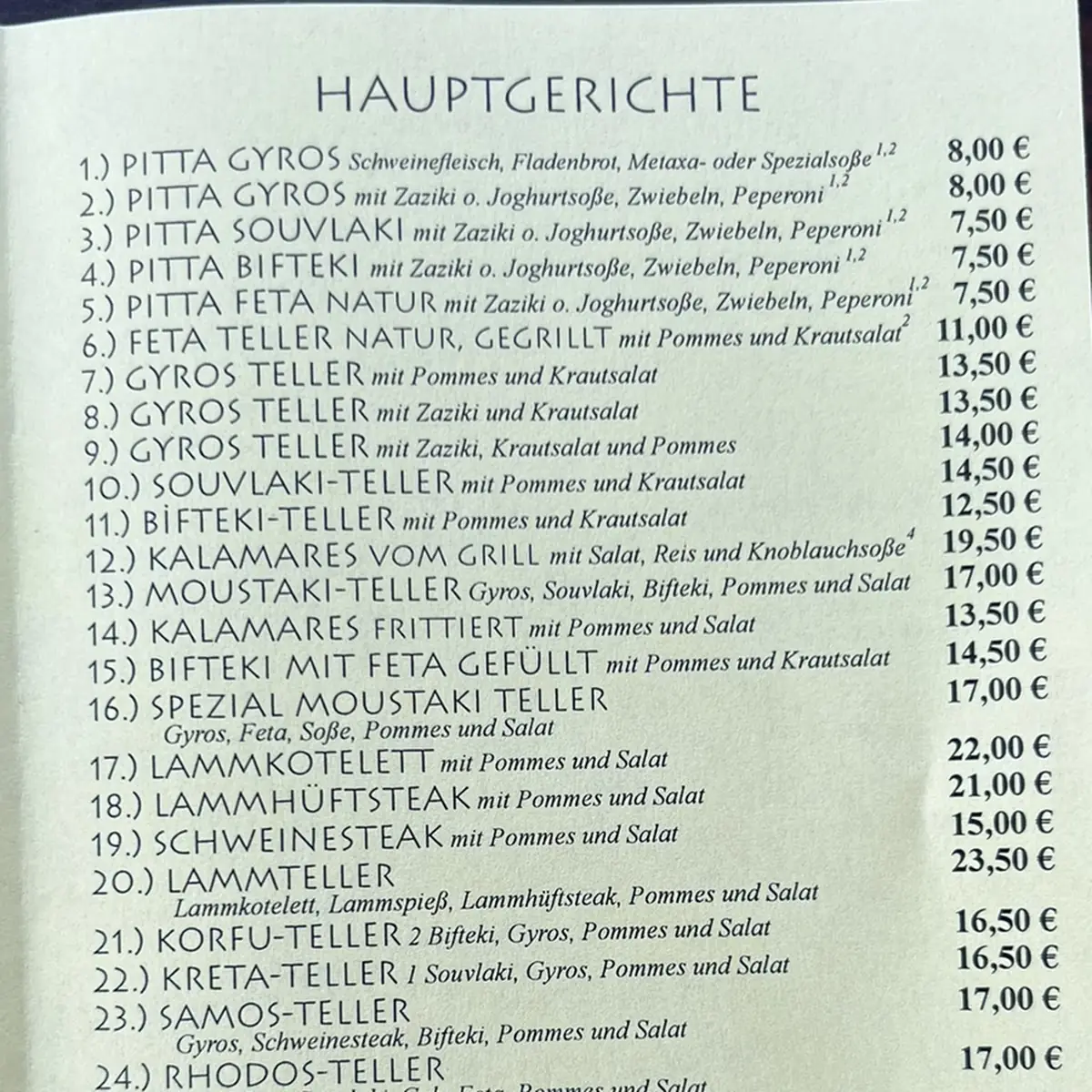 Speisekarte, Moustaki