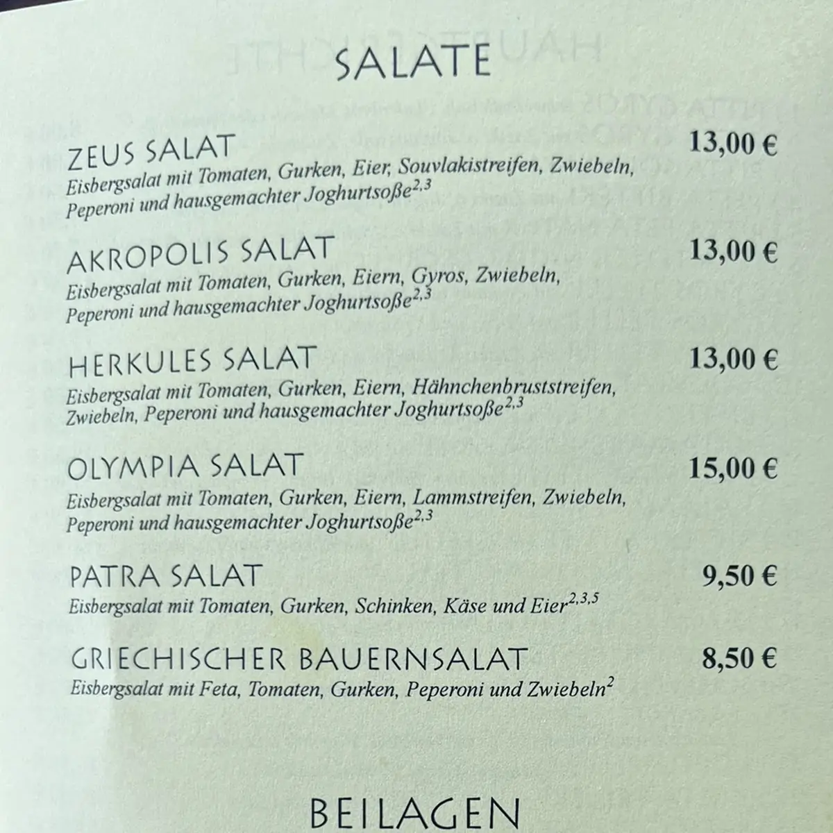Speisekarte, Moustaki