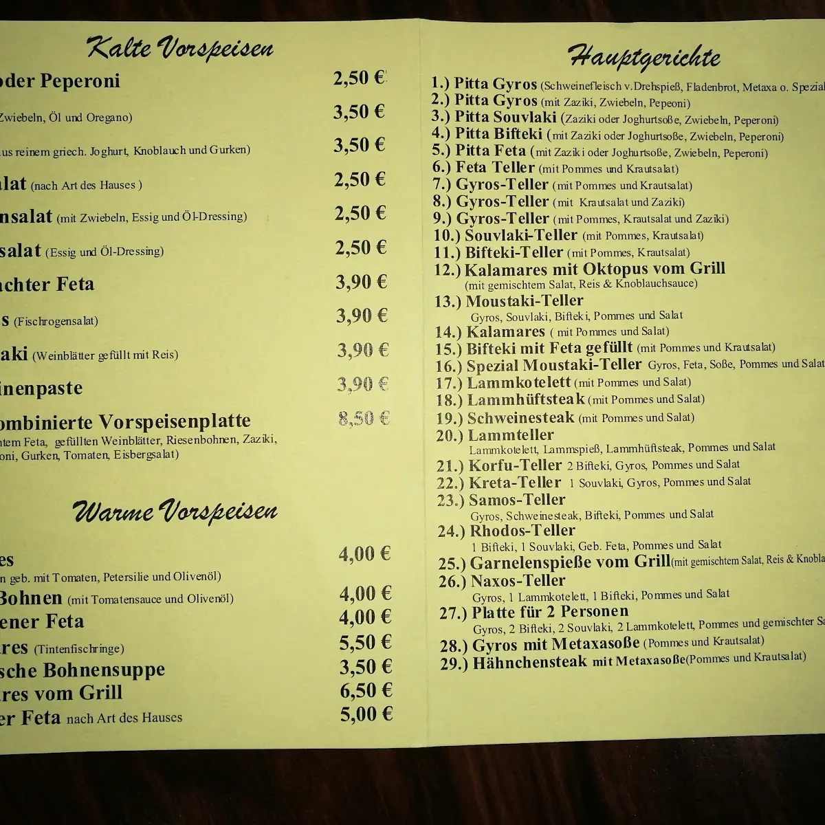 Speisekarte, Moustaki