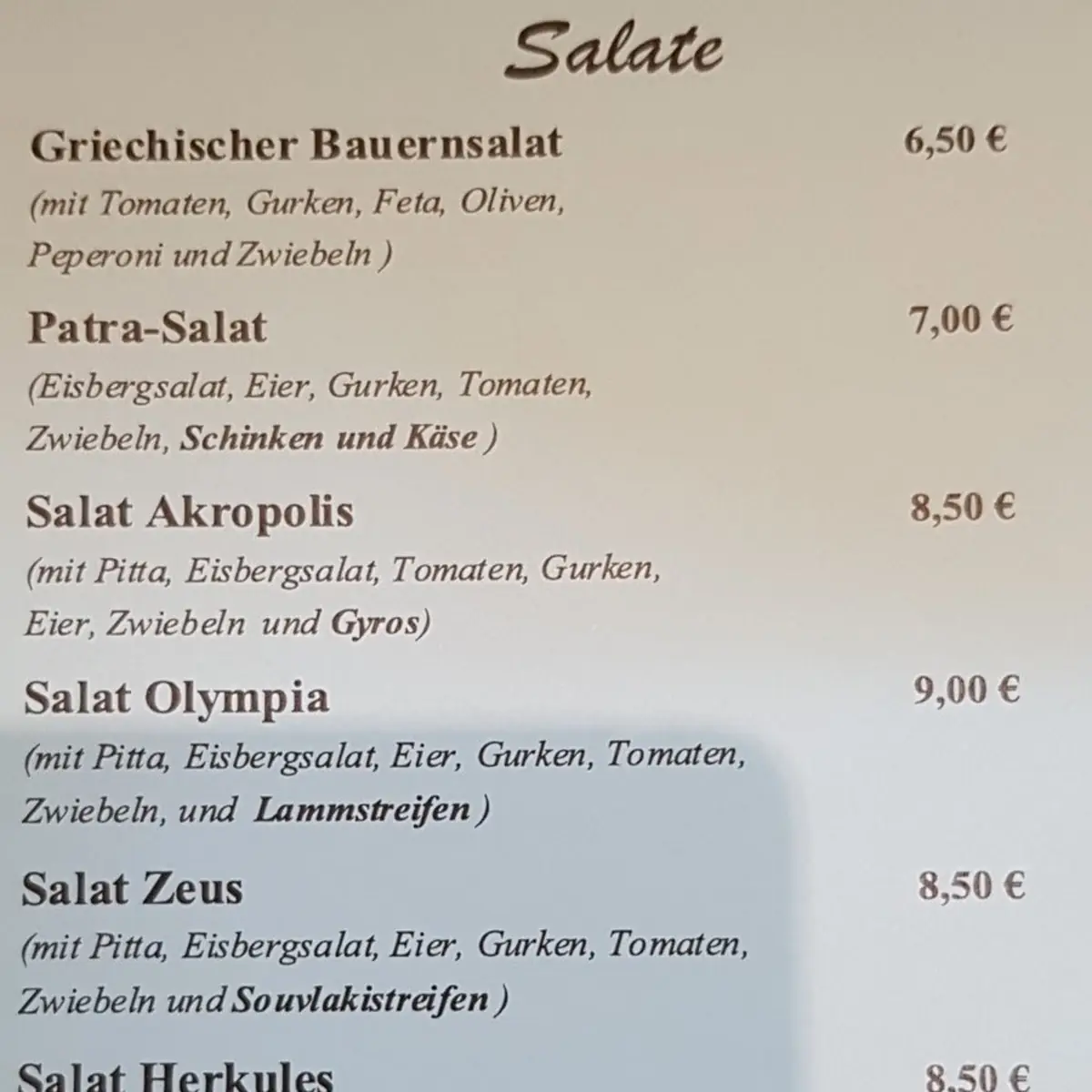 Speisekarte, Moustaki