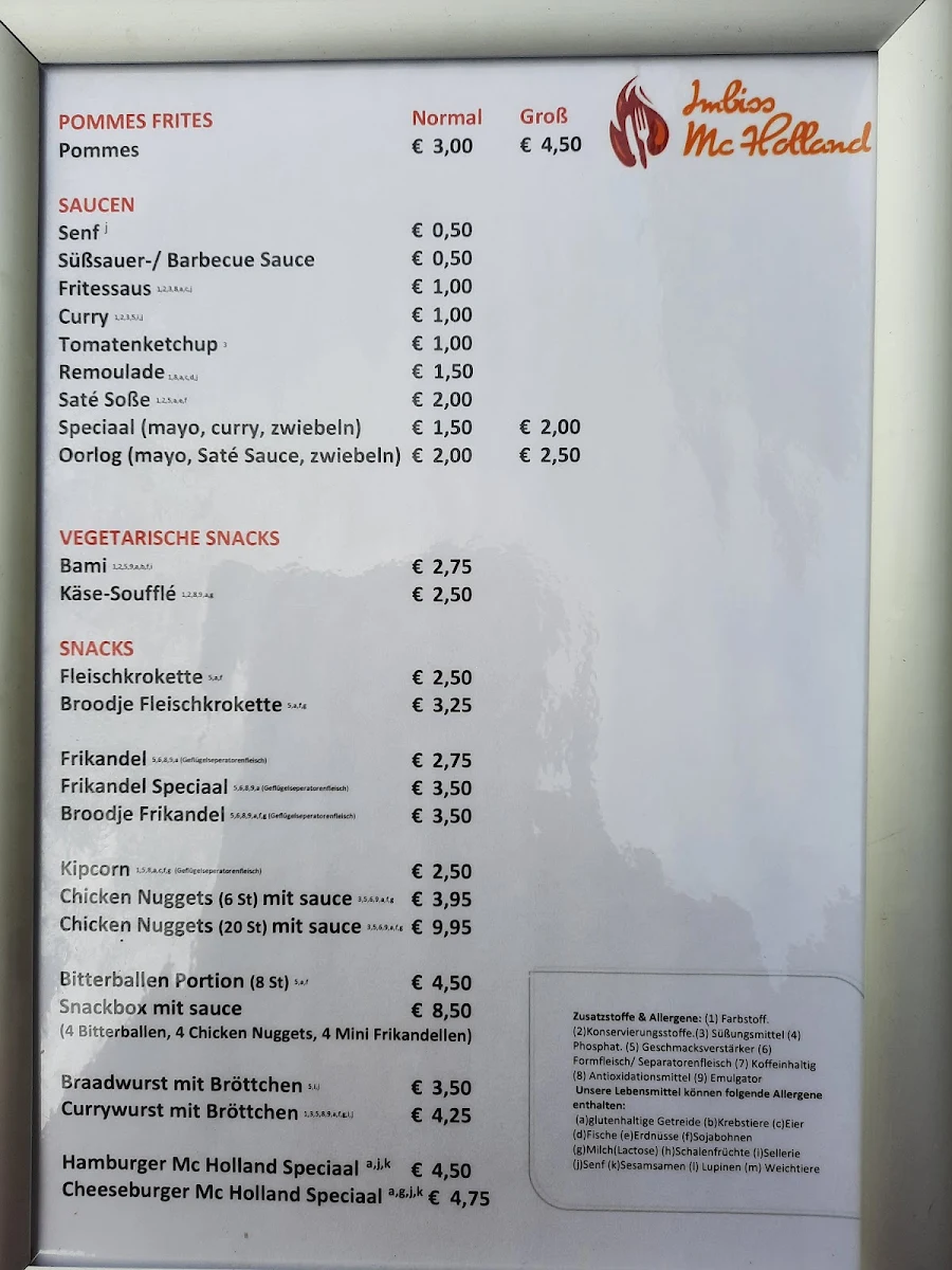 Speisekarte, Imbiss Mc Holland Sauerland