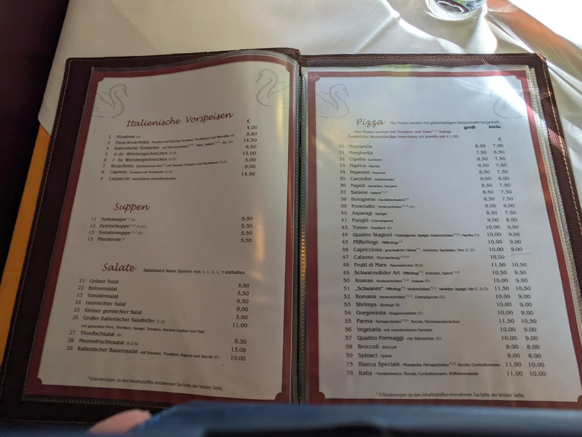 Speisekarte, Pizzeria Zum Schwanen