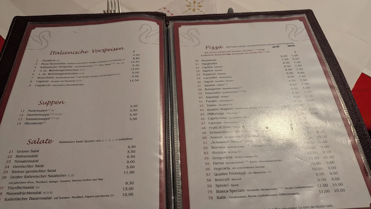 Speisekarte, Pizzeria Zum Schwanen