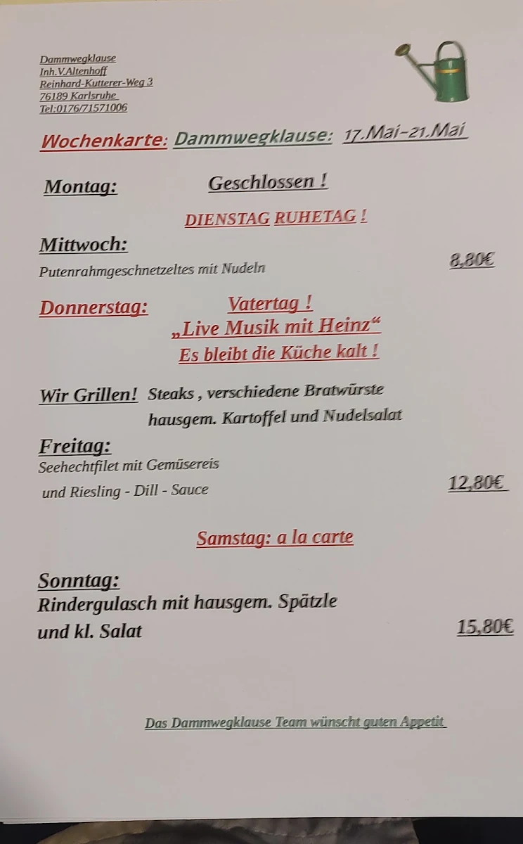 Speisekarte, Dammwegklause