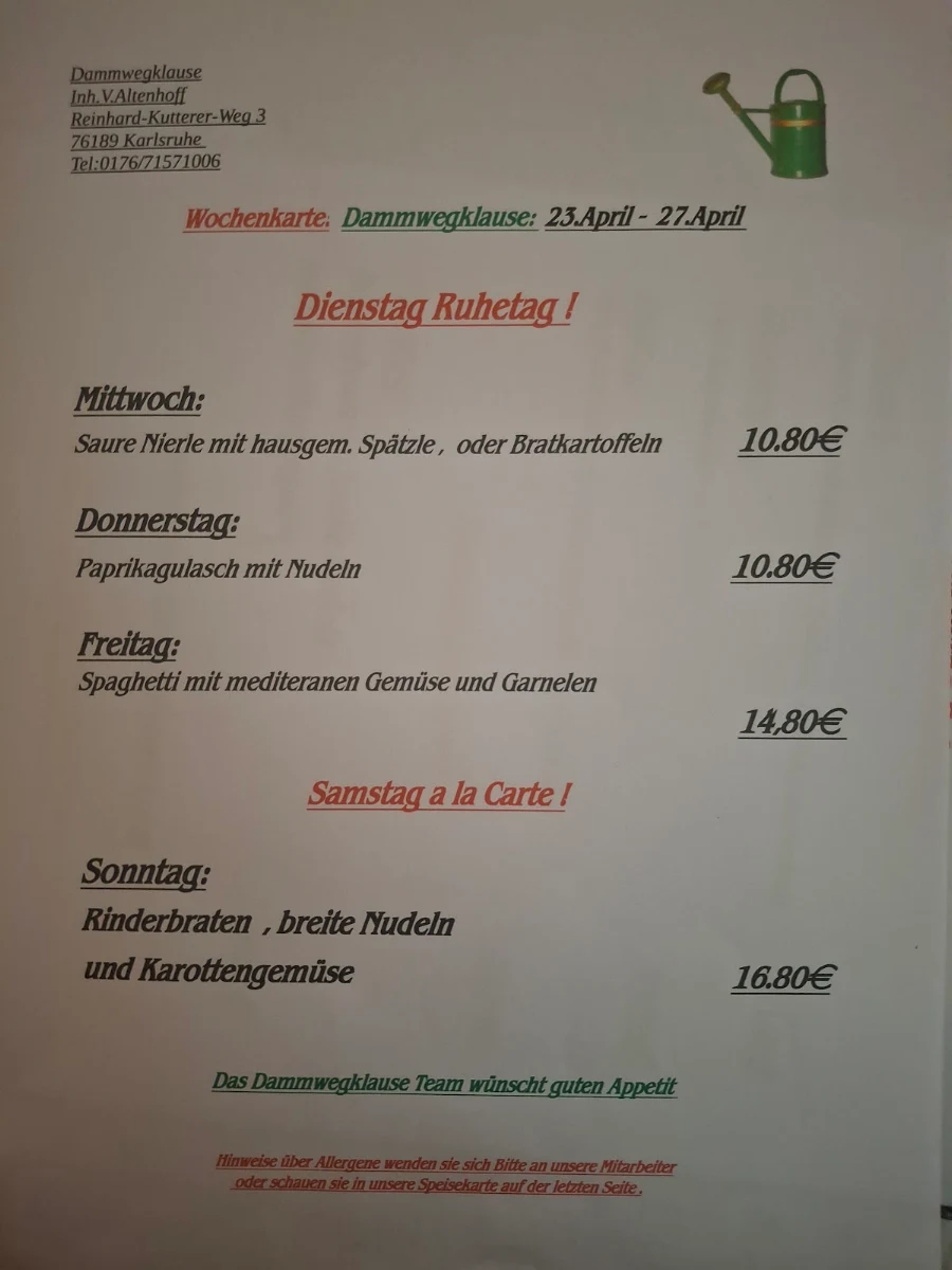 Speisekarte, Dammwegklause