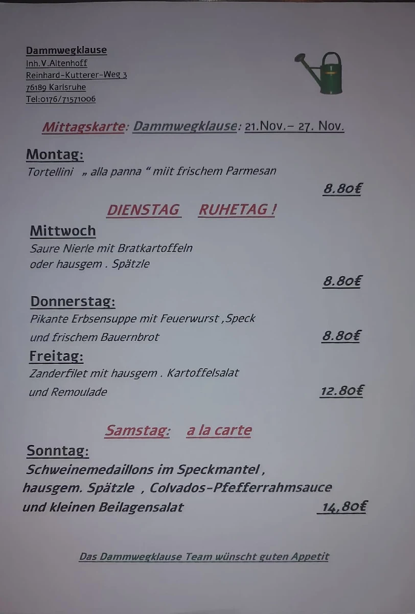 Speisekarte, Dammwegklause