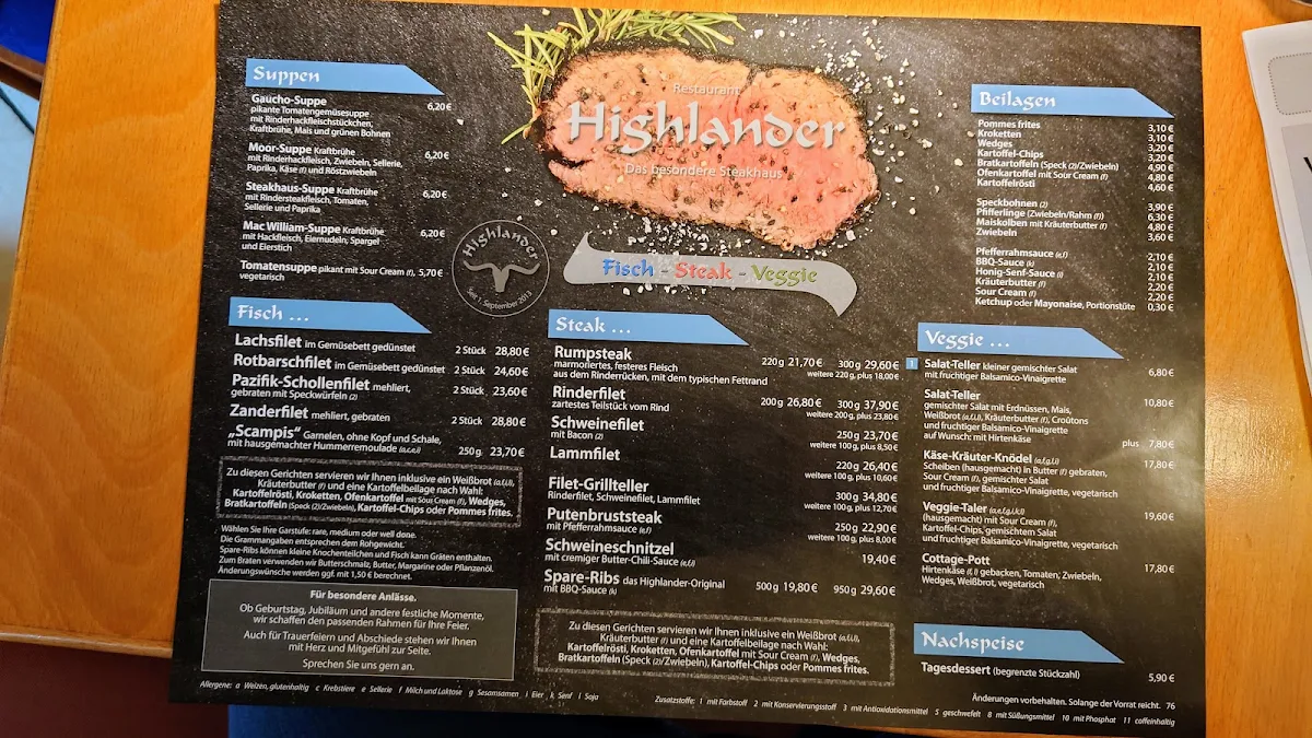 Speisekarte, Restaurant Highlander - Wilhelm Ahrens