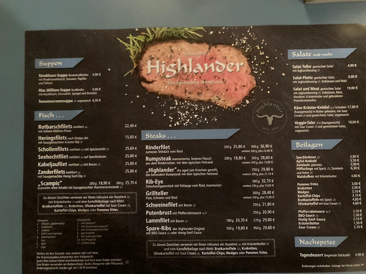 Speisekarte, Restaurant Highlander - Wilhelm Ahrens