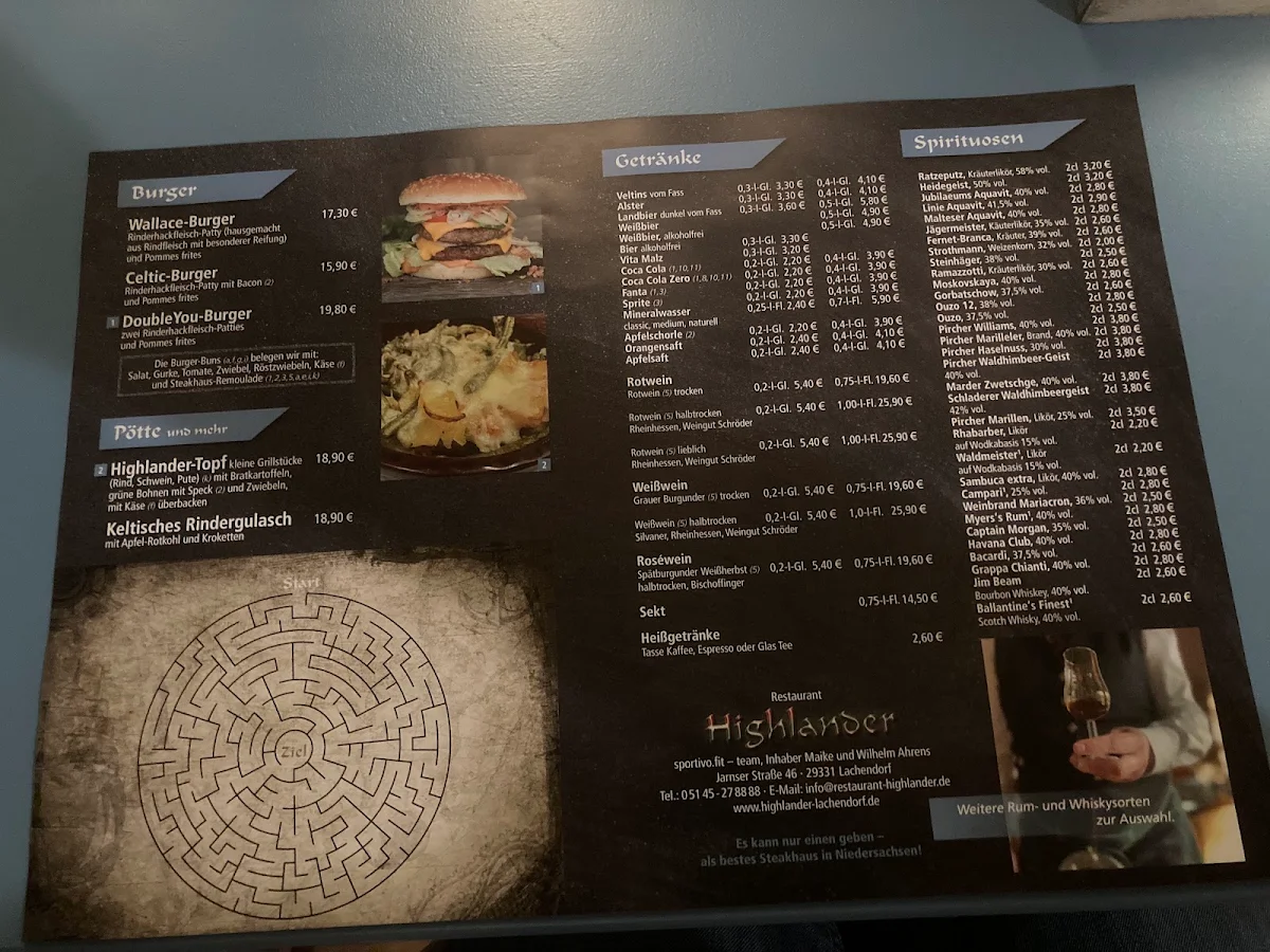 Speisekarte, Restaurant Highlander - Wilhelm Ahrens