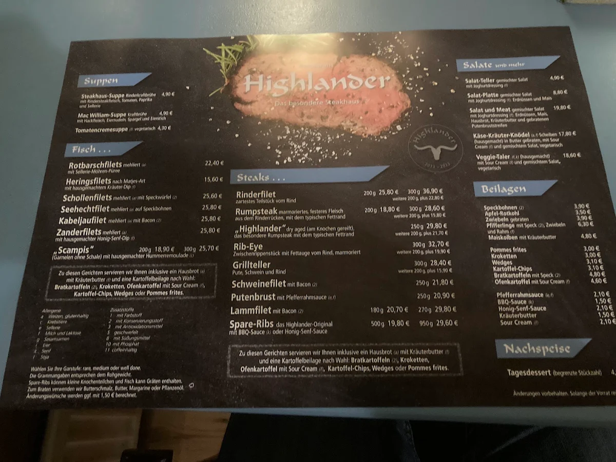 Speisekarte, Restaurant Highlander - Wilhelm Ahrens