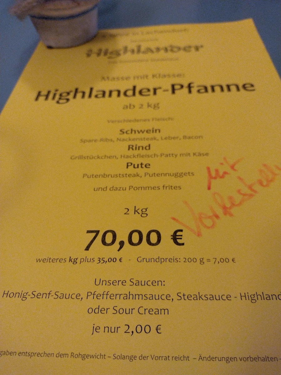 Speisekarte, Restaurant Highlander - Wilhelm Ahrens