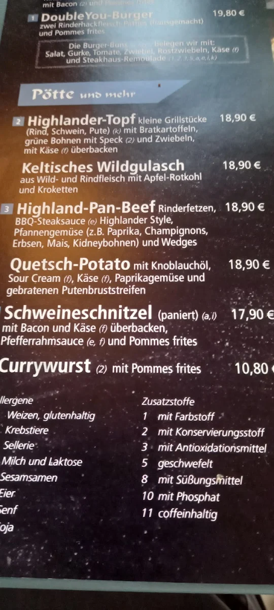 Speisekarte, Restaurant Highlander - Wilhelm Ahrens
