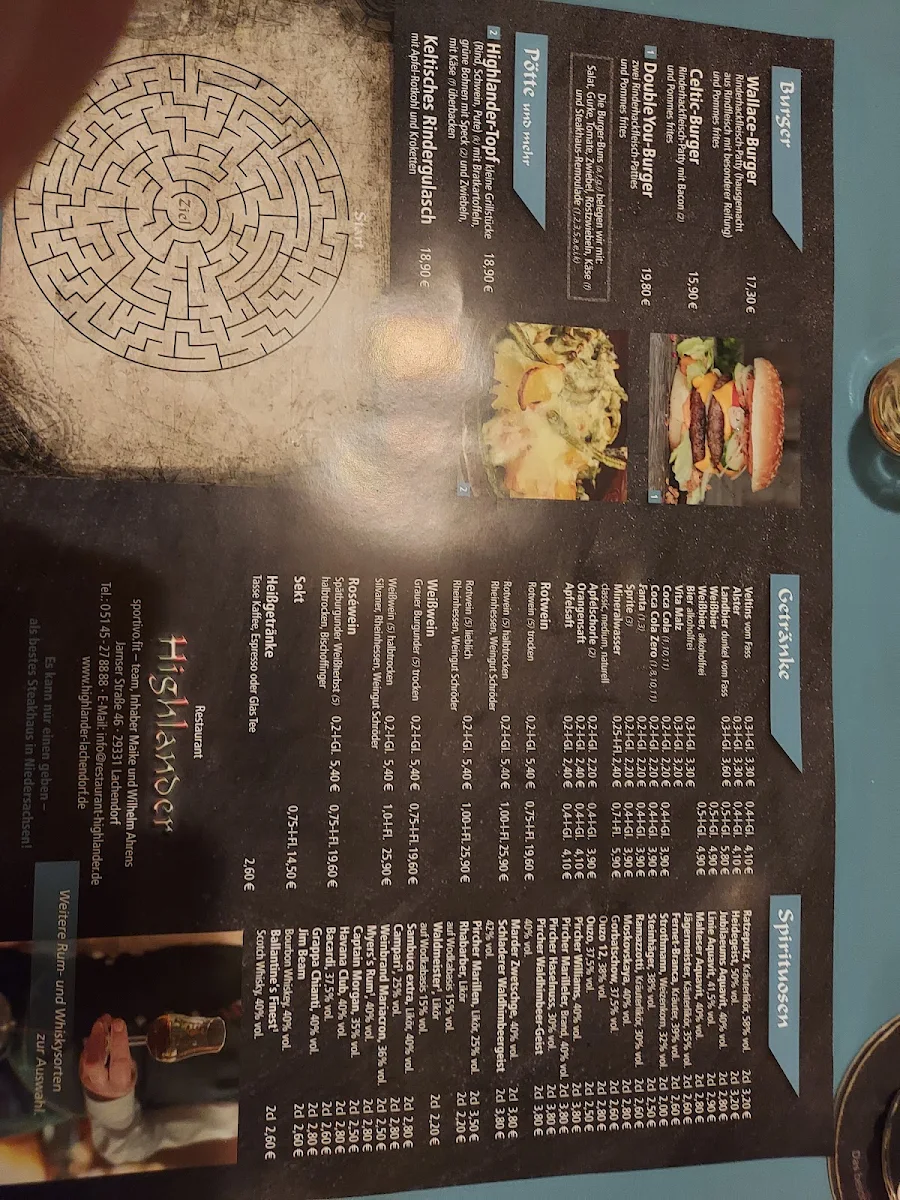 Speisekarte, Restaurant Highlander - Wilhelm Ahrens