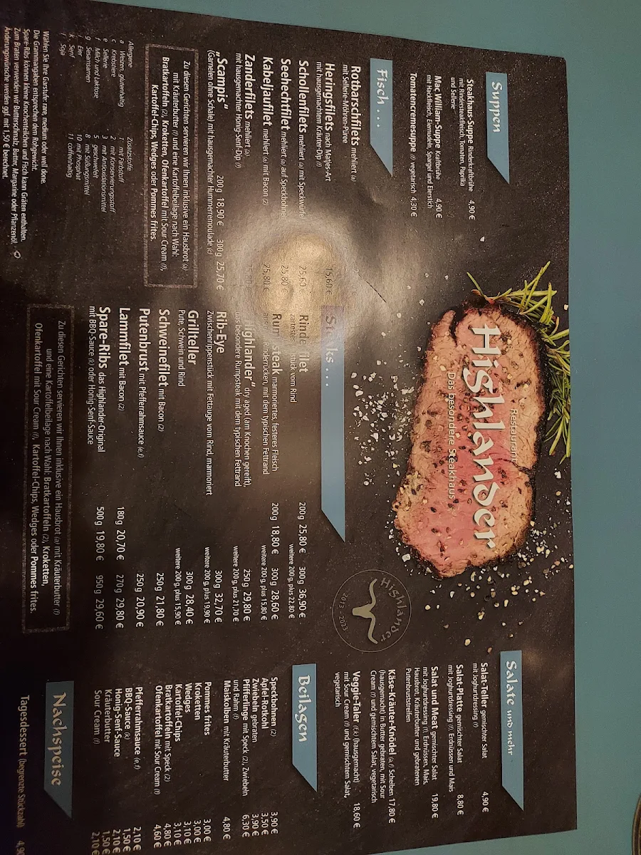Speisekarte, Restaurant Highlander - Wilhelm Ahrens