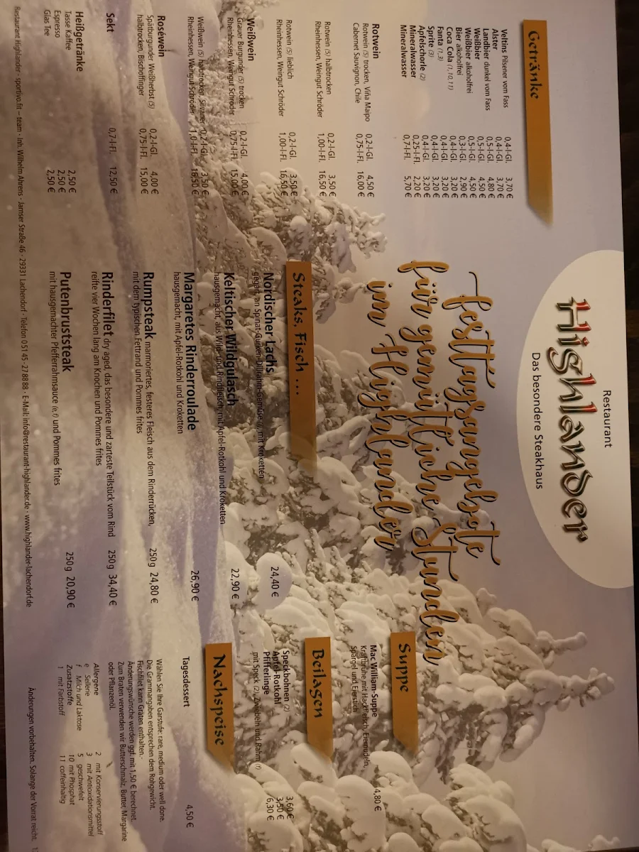Speisekarte, Restaurant Highlander - Wilhelm Ahrens